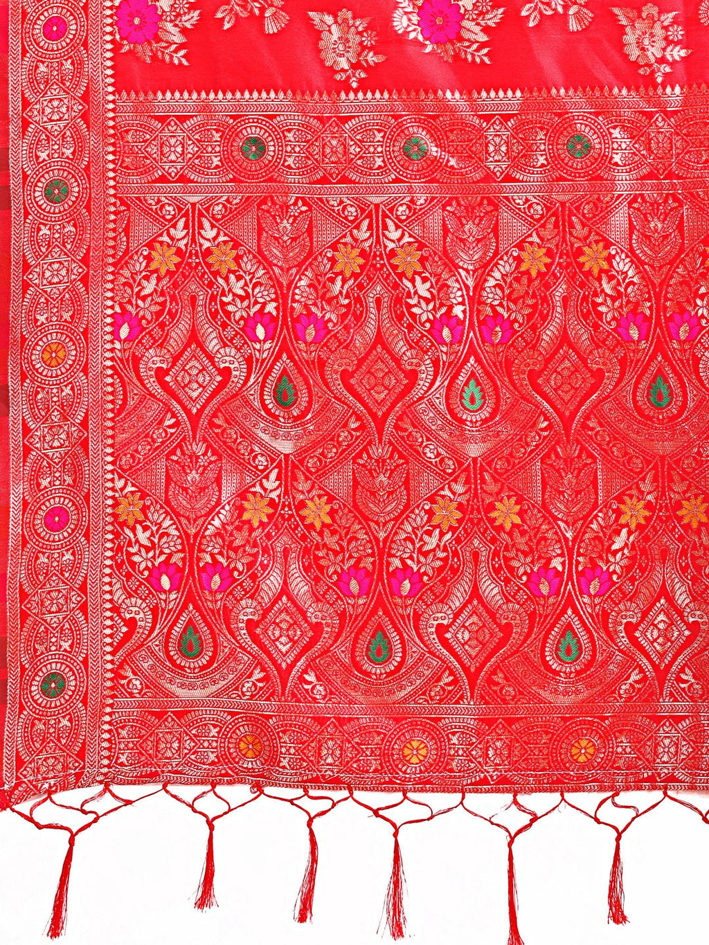 Shree Shyam Fashion Red Banarasi Silk Saree with Floral Zari Weaving - Festive Traditional Elegance for Weddings & Celebrations | Grocsy