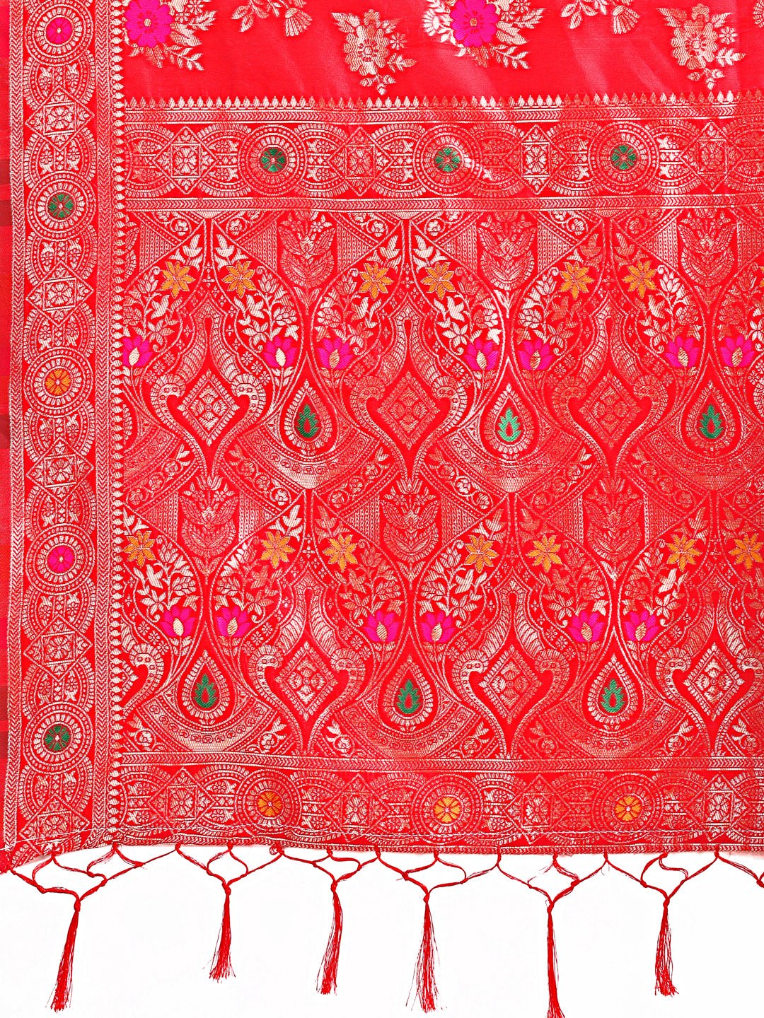 Shree Shyam Fashion Red Banarasi Silk Saree with Floral Zari Weaving - Festive Traditional Elegance for Weddings & Celebrations | Grocsy