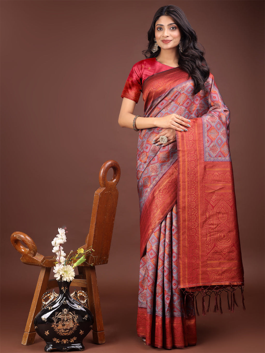 Shree Shyam Fashion Majestic Red & Grey Silk Saree with Rich Woven Pallu - A Regal Touch for Special Moments | Grocsy
