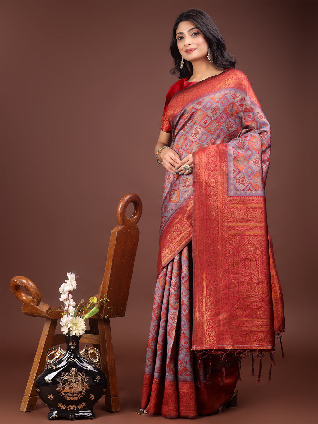 Shree Shyam Fashion Majestic Red & Grey Silk Saree with Rich Woven Pallu - A Regal Touch for Special Moments | Grocsy