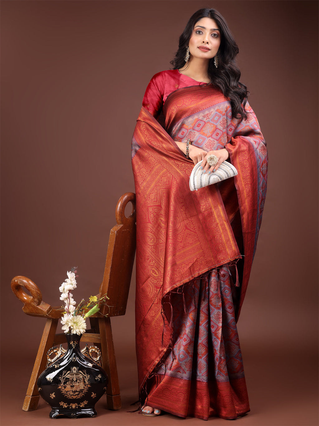 Shree Shyam Fashion Majestic Red & Grey Silk Saree with Rich Woven Pallu - A Regal Touch for Special Moments | Grocsy
