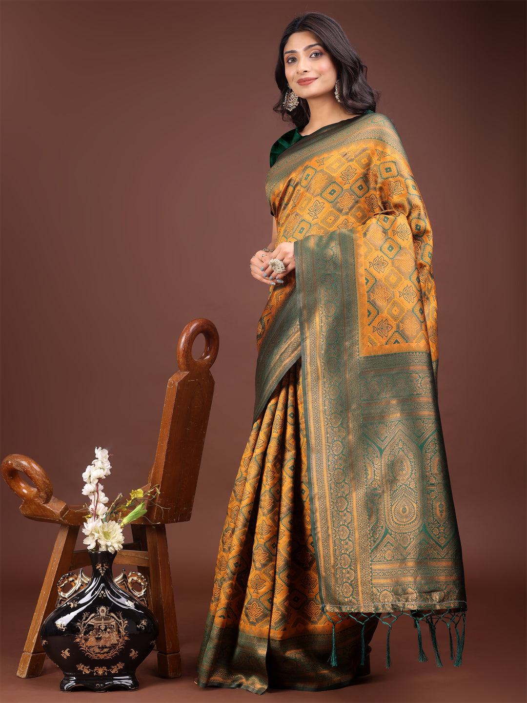 Shree Shyam Fashion Majestic Green & Yellow Silk Saree with Rich Woven Pallu - A Regal Touch for Special Moments | Grocsy