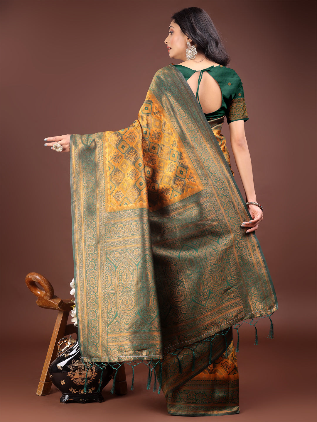Shree Shyam Fashion Majestic Green & Yellow Silk Saree with Rich Woven Pallu - A Regal Touch for Special Moments | Grocsy