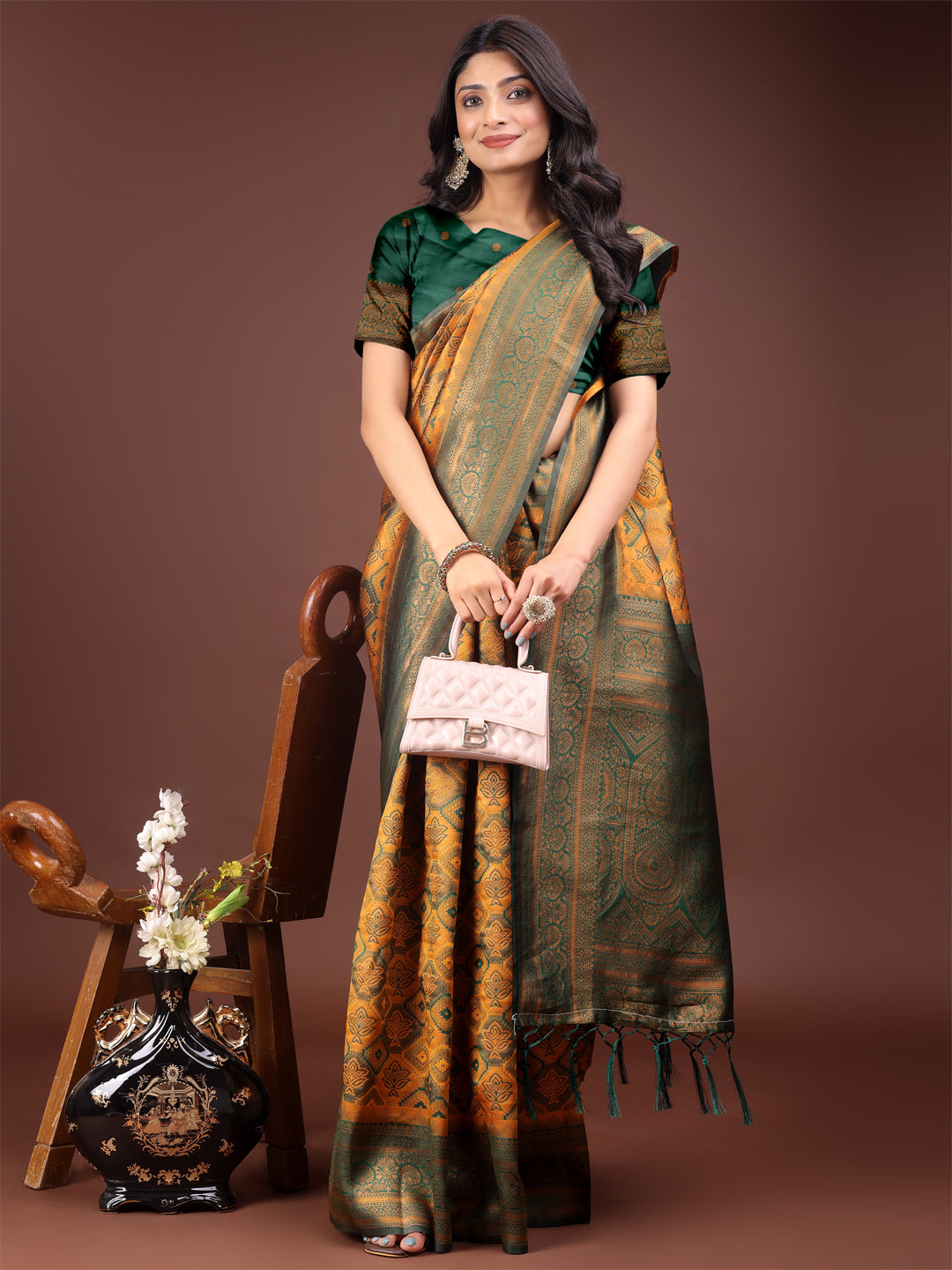 Shree Shyam Fashion Majestic Green & Yellow Silk Saree with Rich Woven Pallu - A Regal Touch for Special Moments | Grocsy