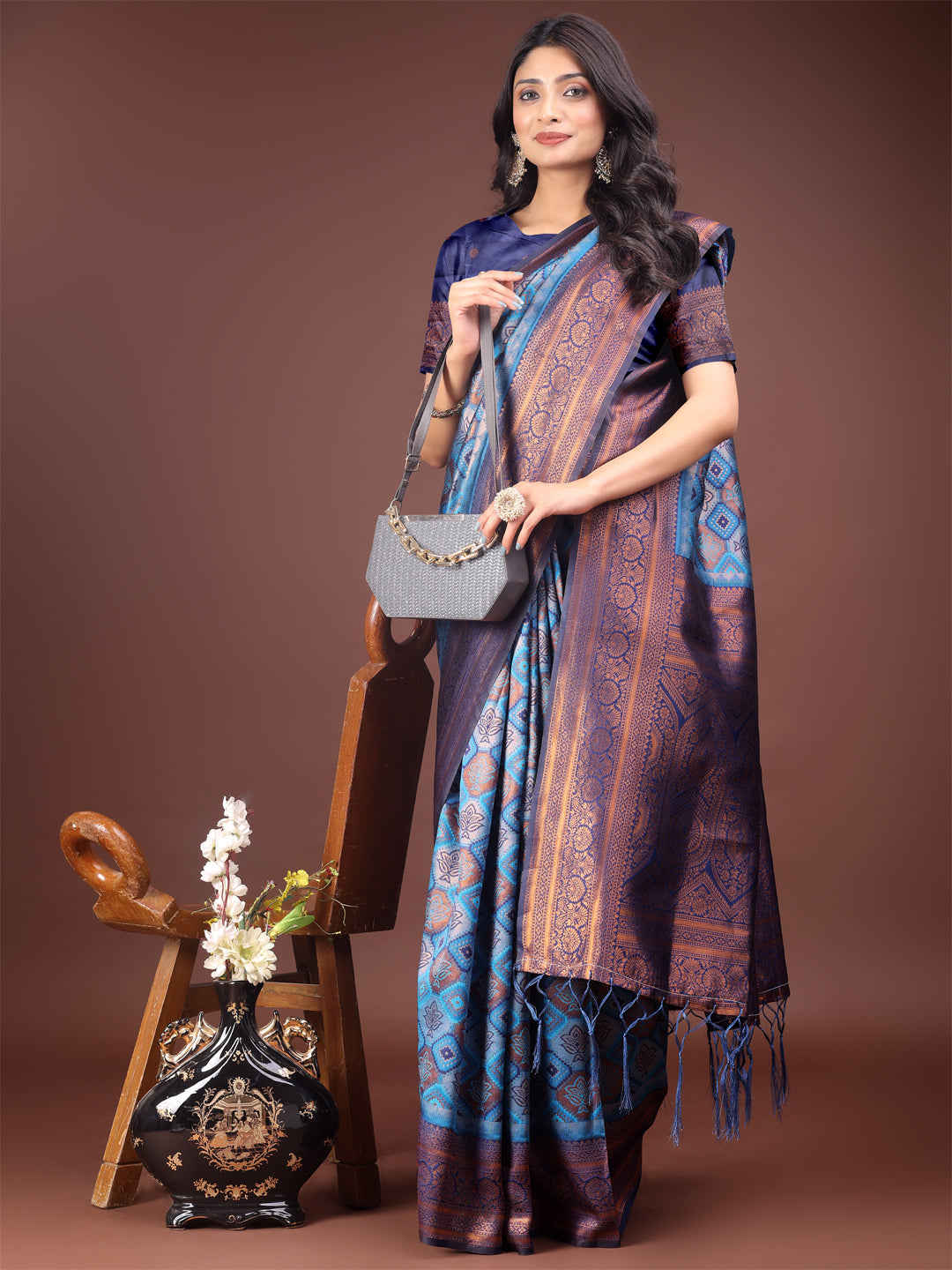 Shree Shyam Fashion Majestic Red & Sky Blue Silk Saree with Rich Woven Pallu - A Regal Touch for Special Moments | Grocsy