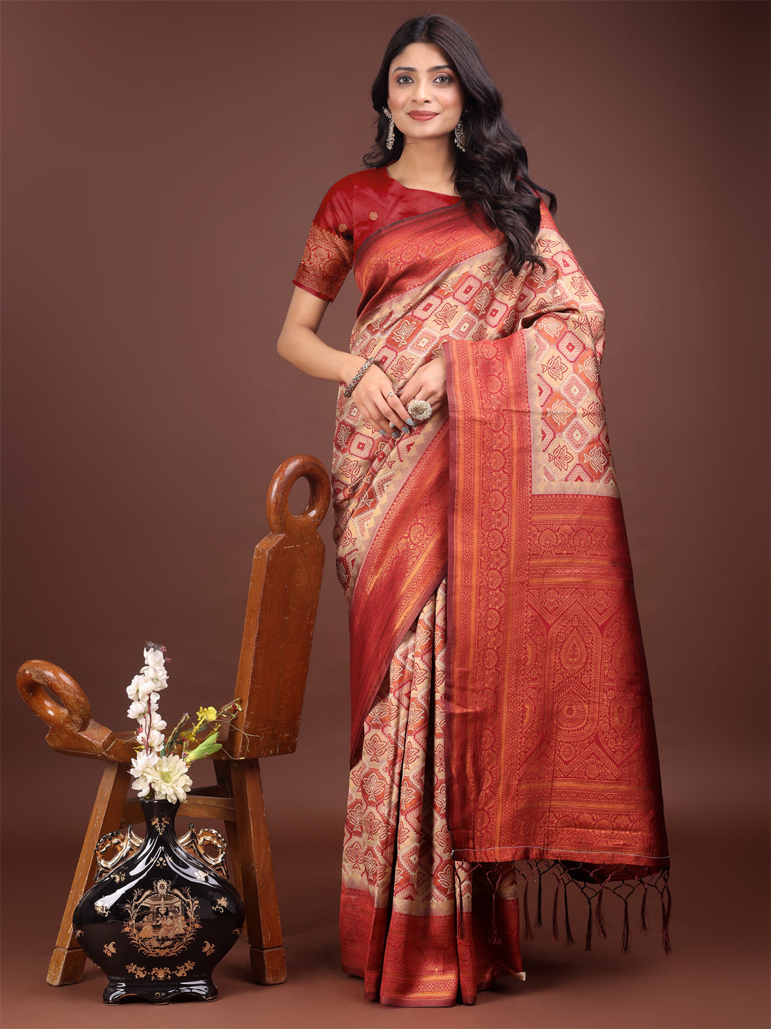 Shree Shyam Fashion Majestic Red & Cream Silk Saree with Rich Woven Pallu - A Regal Touch for Special Moments | Grocsy