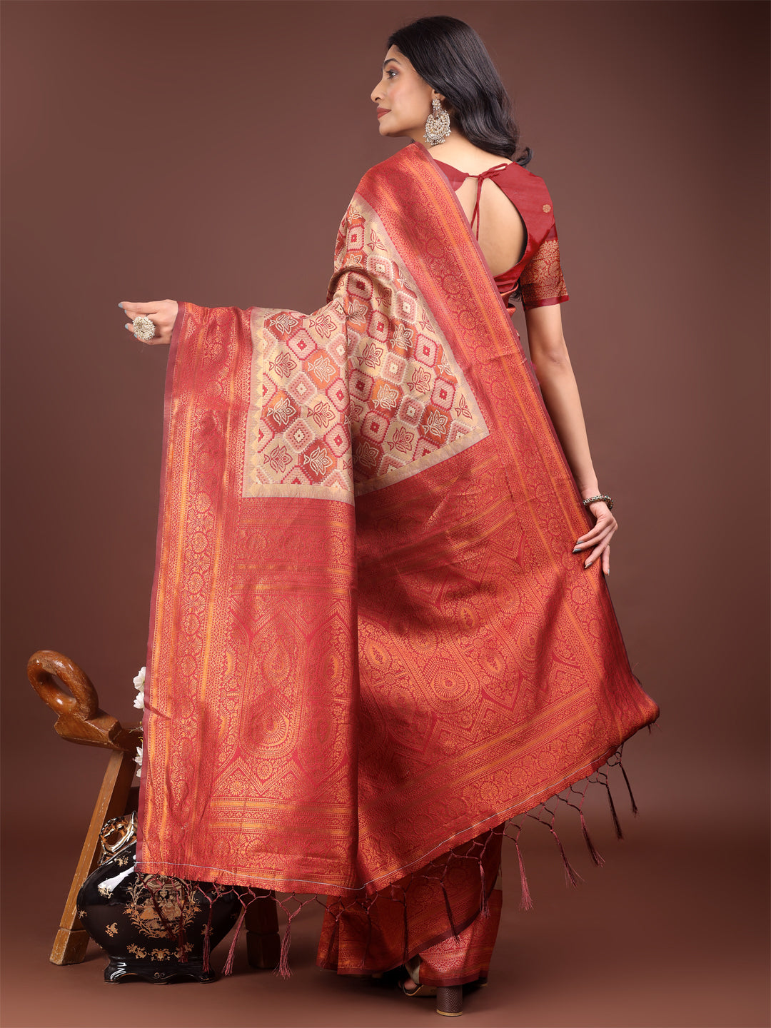 Shree Shyam Fashion Majestic Red & Cream Silk Saree with Rich Woven Pallu - A Regal Touch for Special Moments | Grocsy