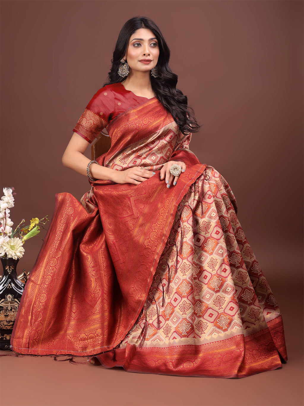 Shree Shyam Fashion Majestic Red & Cream Silk Saree with Rich Woven Pallu - A Regal Touch for Special Moments | Grocsy