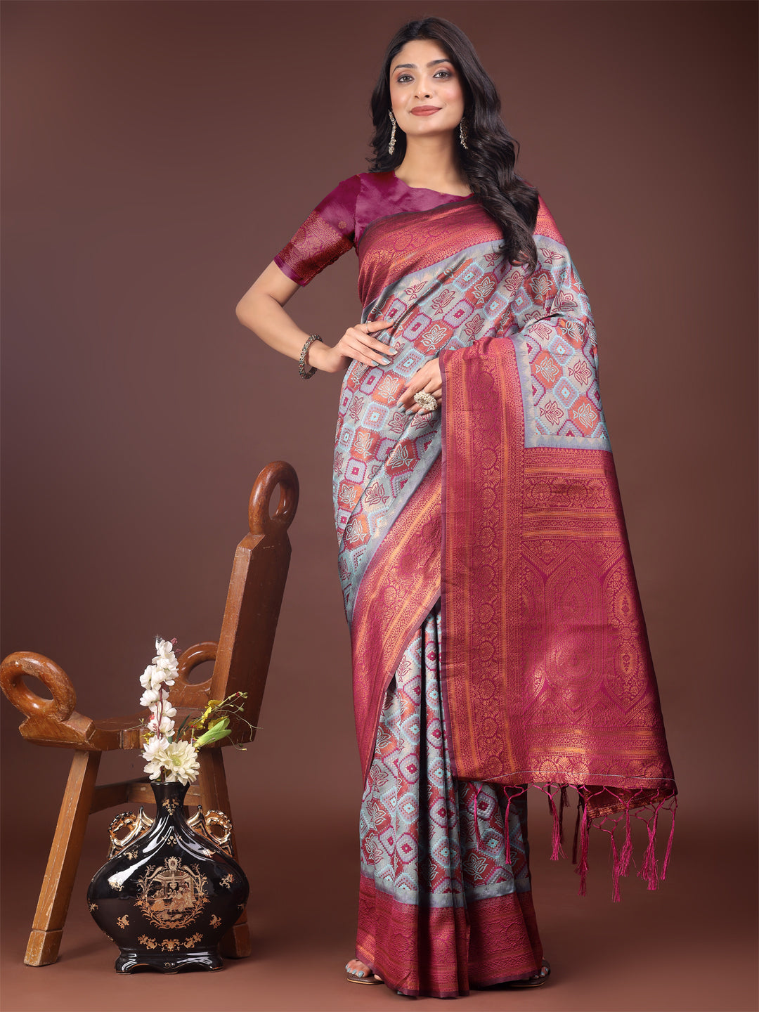 Shree Shyam Fashion Majestic Red & Teal Silk Saree with Rich Woven Pallu - A Regal Touch for Special Moments | Grocsy