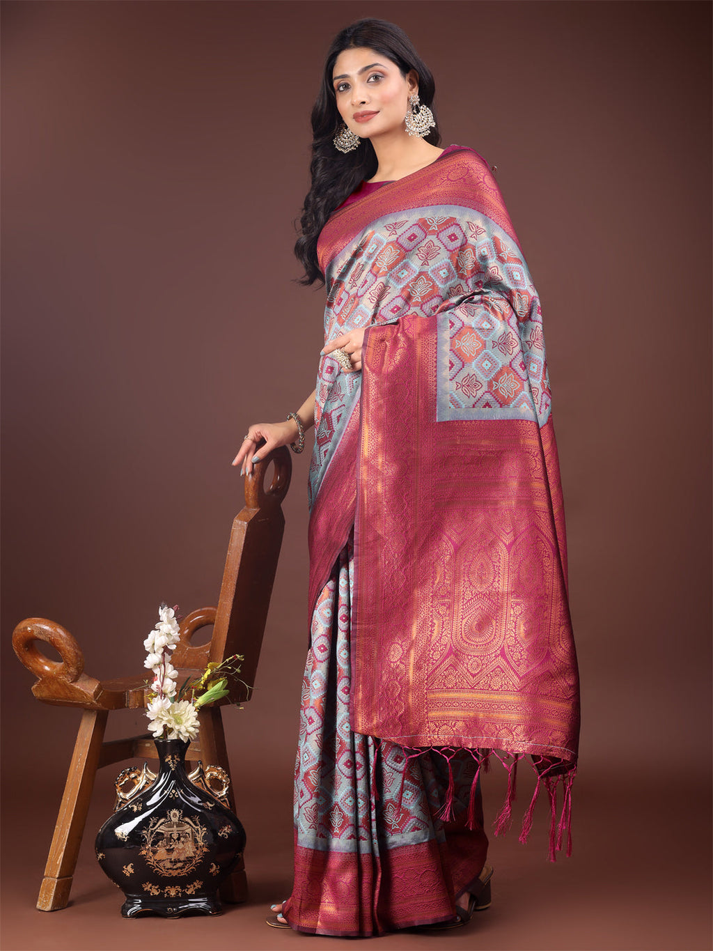 Shree Shyam Fashion Majestic Red & Teal Silk Saree with Rich Woven Pallu - A Regal Touch for Special Moments | Grocsy