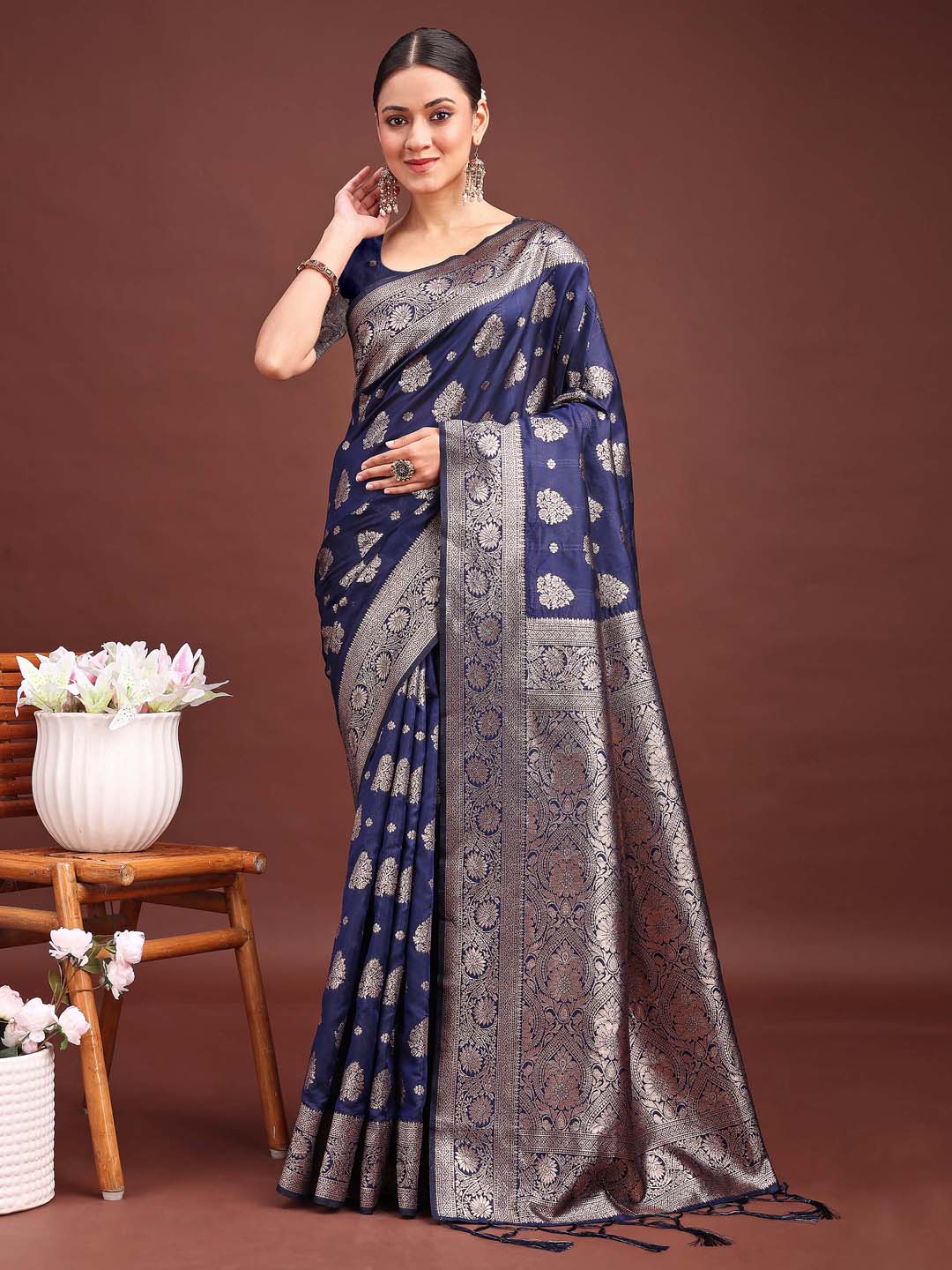 Shree Shyam Fashion Navy Blue Banarasi Silk Saree with Zari Weaving - A Timeless Tale of Elegance | Grocsy