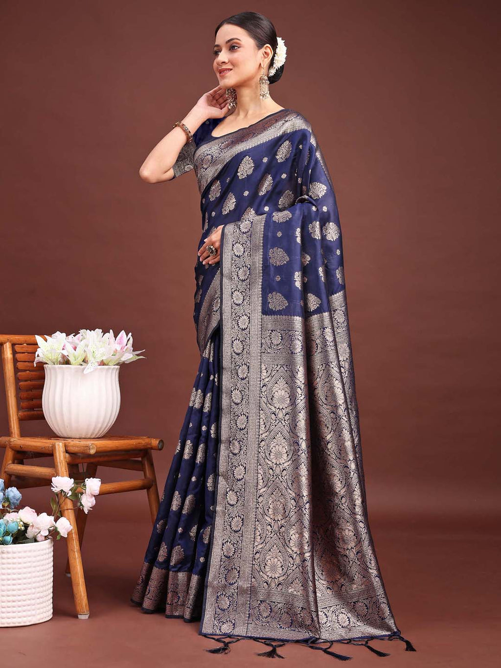 Shree Shyam Fashion Navy Blue Banarasi Silk Saree with Zari Weaving - A Timeless Tale of Elegance | Grocsy
