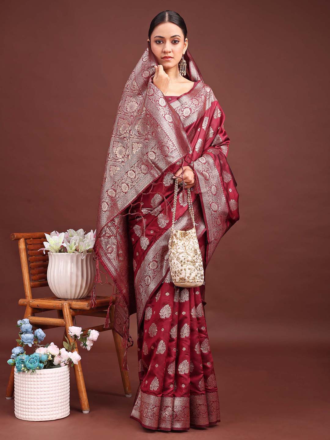 Shree Shyam Fashion Maroon Banarasi Silk Saree with Zari Weaving - A Timeless Tale of Elegance | Grocsy