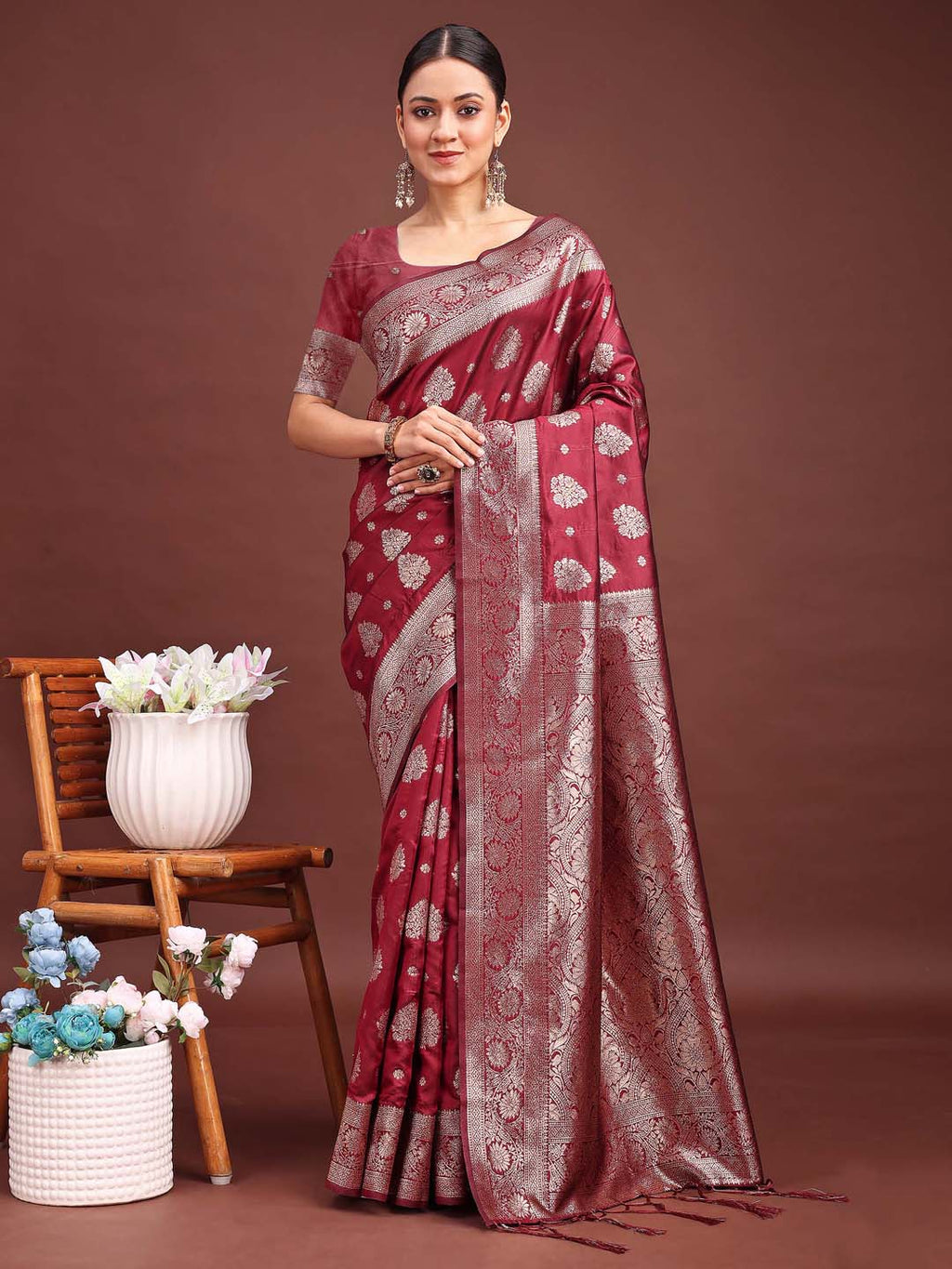 Shree Shyam Fashion Maroon Banarasi Silk Saree with Zari Weaving - A Timeless Tale of Elegance | Grocsy