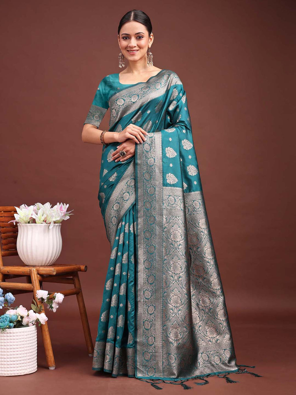 Shree Shyam Fashion Sea Green Banarasi Silk Saree with Zari Weaving - A Timeless Tale of Elegance | Grocsy