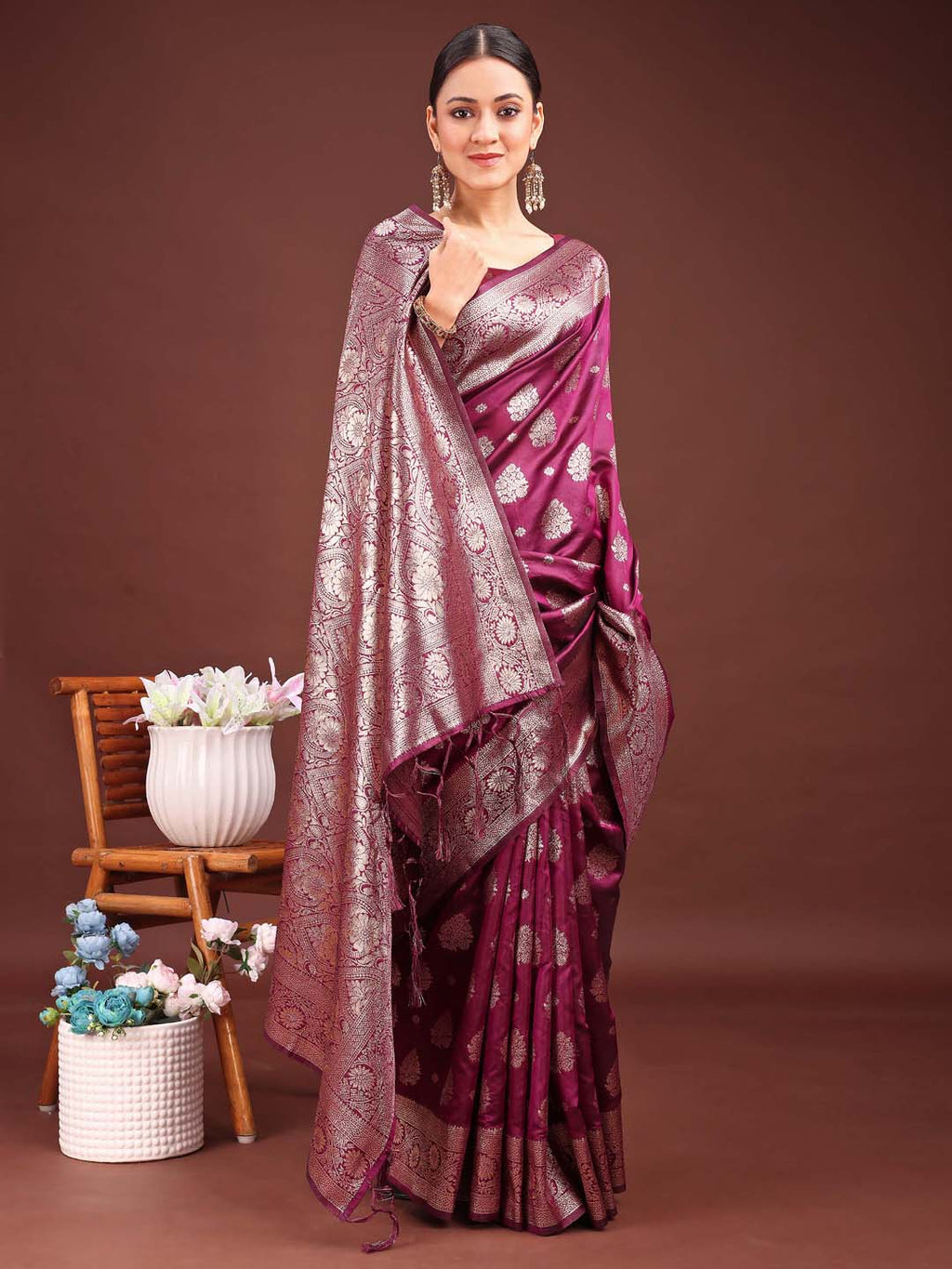 Shree Shyam Fashion Purple Banarasi Silk Saree with Zari Weaving - A Timeless Tale of Elegance | Grocsy