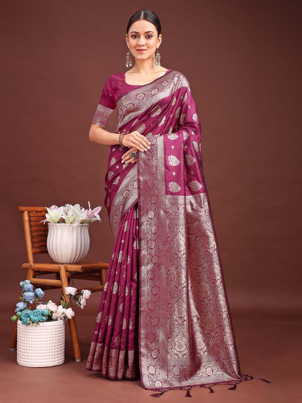 Shree Shyam Fashion Purple Banarasi Silk Saree with Zari Weaving - A Timeless Tale of Elegance | Grocsy
