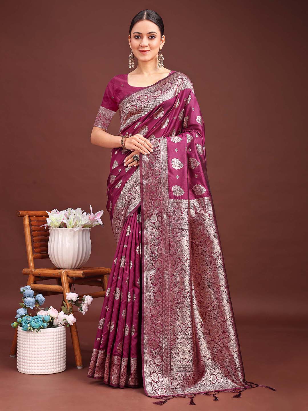 Shree Shyam Fashion Purple Banarasi Silk Saree with Zari Weaving - A Timeless Tale of Elegance | Grocsy