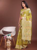 Shree Shyam Fashion Elegant Olive Green Linen Cotton Saree with Zari Border & Woven Motifs - Perfect for Sophisticated Everyday & Festive Looks | Grocsy