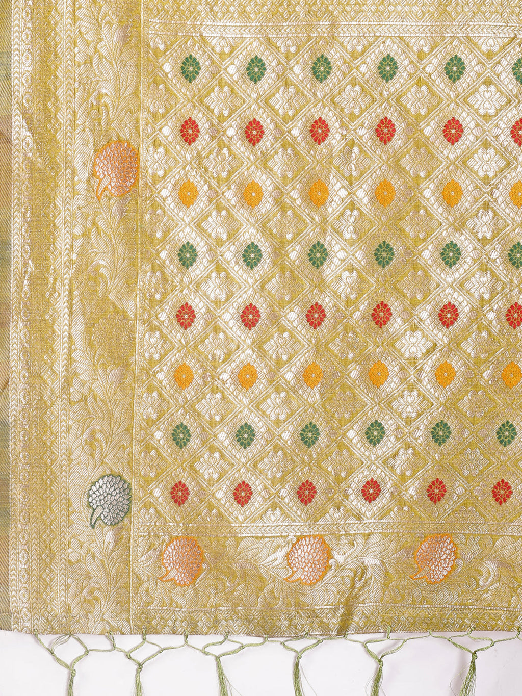 Shree Shyam Fashion Elegant Olive Green Linen Cotton Saree with Zari Border & Woven Motifs - Perfect for Sophisticated Everyday & Festive Looks | Grocsy