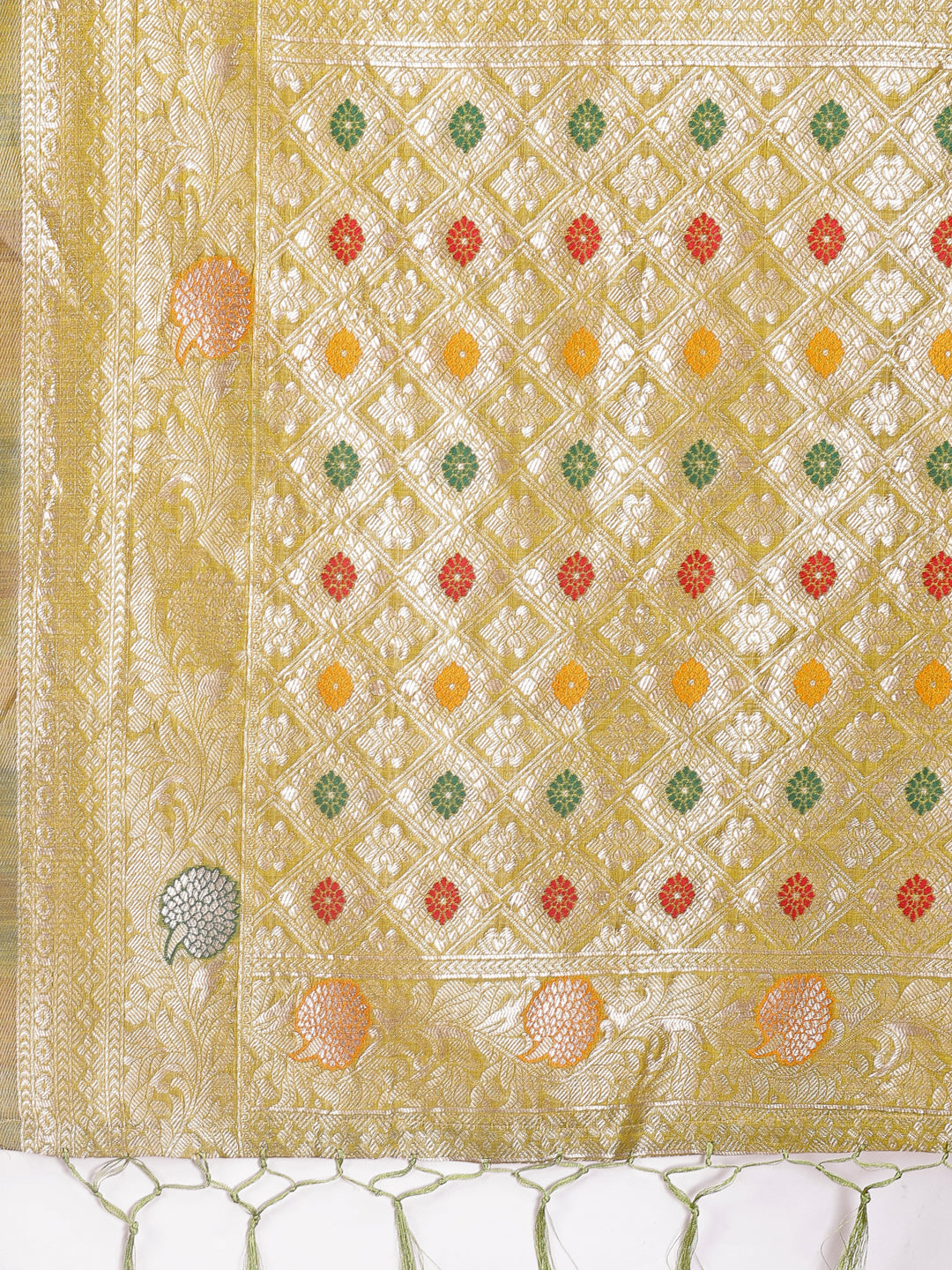 Shree Shyam Fashion Elegant Olive Green Linen Cotton Saree with Zari Border & Woven Motifs - Perfect for Sophisticated Everyday & Festive Looks | Grocsy