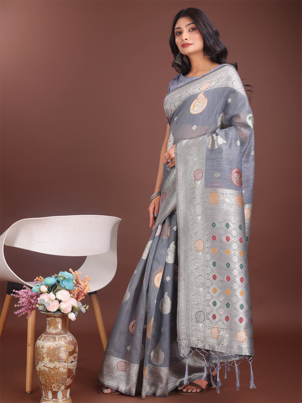 Shree Shyam Fashion Elegant Grey Linen Cotton Saree with Zari Border & Woven Motifs - Perfect for Sophisticated Everyday & Festive Looks | Grocsy