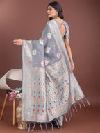 Shree Shyam Fashion Elegant Grey Linen Cotton Saree with Zari Border & Woven Motifs - Perfect for Sophisticated Everyday & Festive Looks | Grocsy