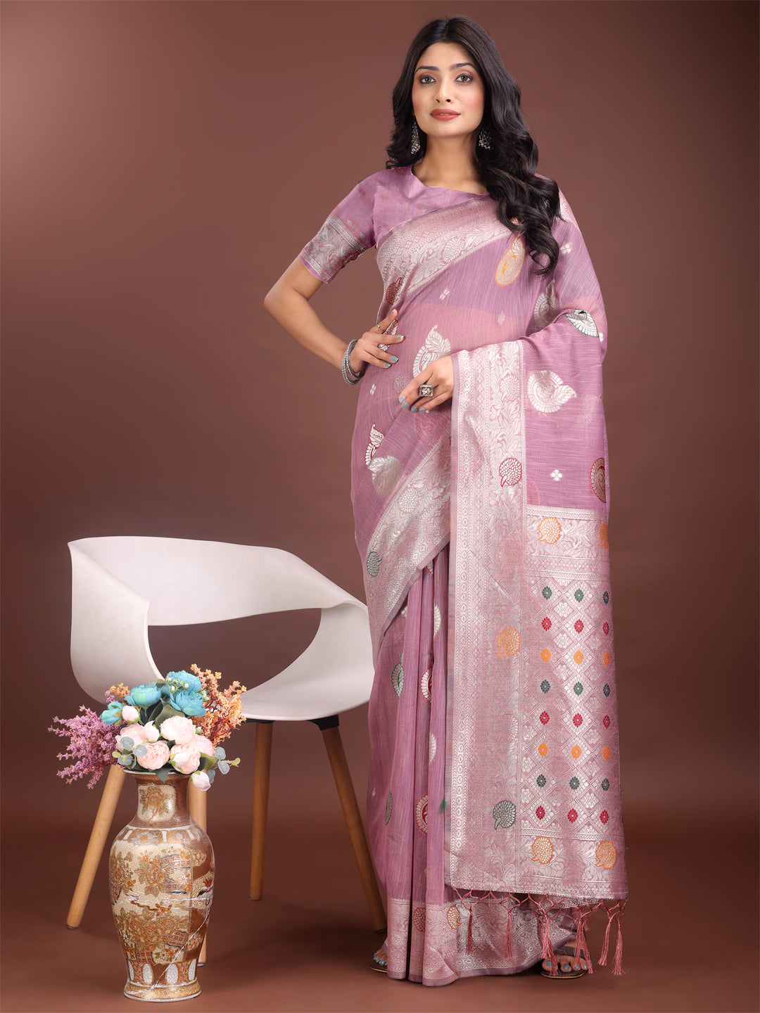 Shree Shyam Fashion Elegant Purple Linen Cotton Saree with Zari Border & Woven Motifs - Perfect for Sophisticated Everyday & Festive Looks | Grocsy