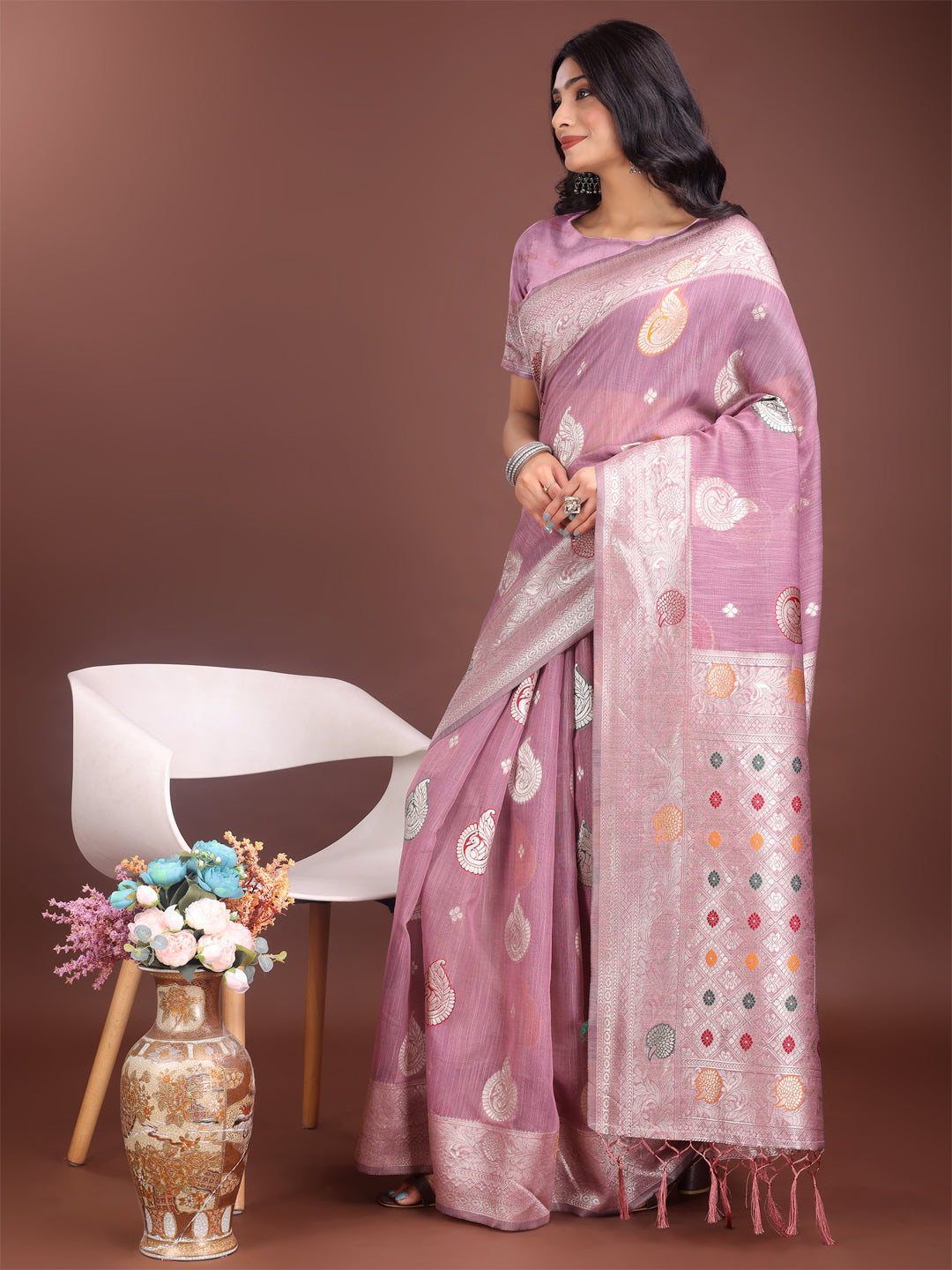Shree Shyam Fashion Elegant Purple Linen Cotton Saree with Zari Border & Woven Motifs - Perfect for Sophisticated Everyday & Festive Looks | Grocsy