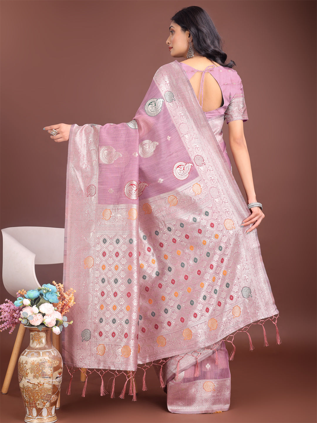 Shree Shyam Fashion Elegant Purple Linen Cotton Saree with Zari Border & Woven Motifs - Perfect for Sophisticated Everyday & Festive Looks | Grocsy
