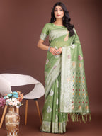 Shree Shyam Fashion Elegant Light Green Linen Cotton Saree with Zari Border & Woven Motifs - Perfect for Sophisticated Everyday & Festive Looks | Grocsy