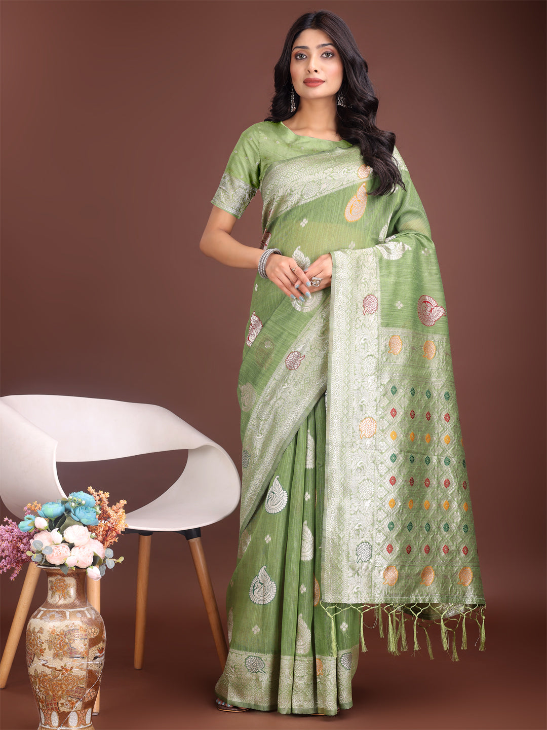 Shree Shyam Fashion Elegant Light Green Linen Cotton Saree with Zari Border & Woven Motifs - Perfect for Sophisticated Everyday & Festive Looks | Grocsy