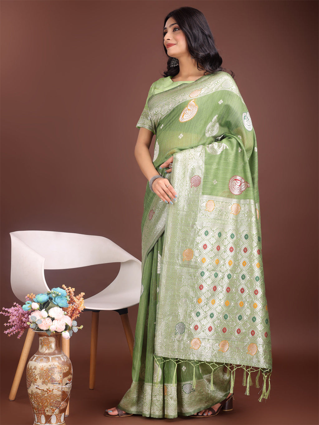Shree Shyam Fashion Elegant Light Green Linen Cotton Saree with Zari Border & Woven Motifs - Perfect for Sophisticated Everyday & Festive Looks | Grocsy