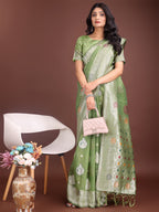 Shree Shyam Fashion Elegant Light Green Linen Cotton Saree with Zari Border & Woven Motifs - Perfect for Sophisticated Everyday & Festive Looks | Grocsy