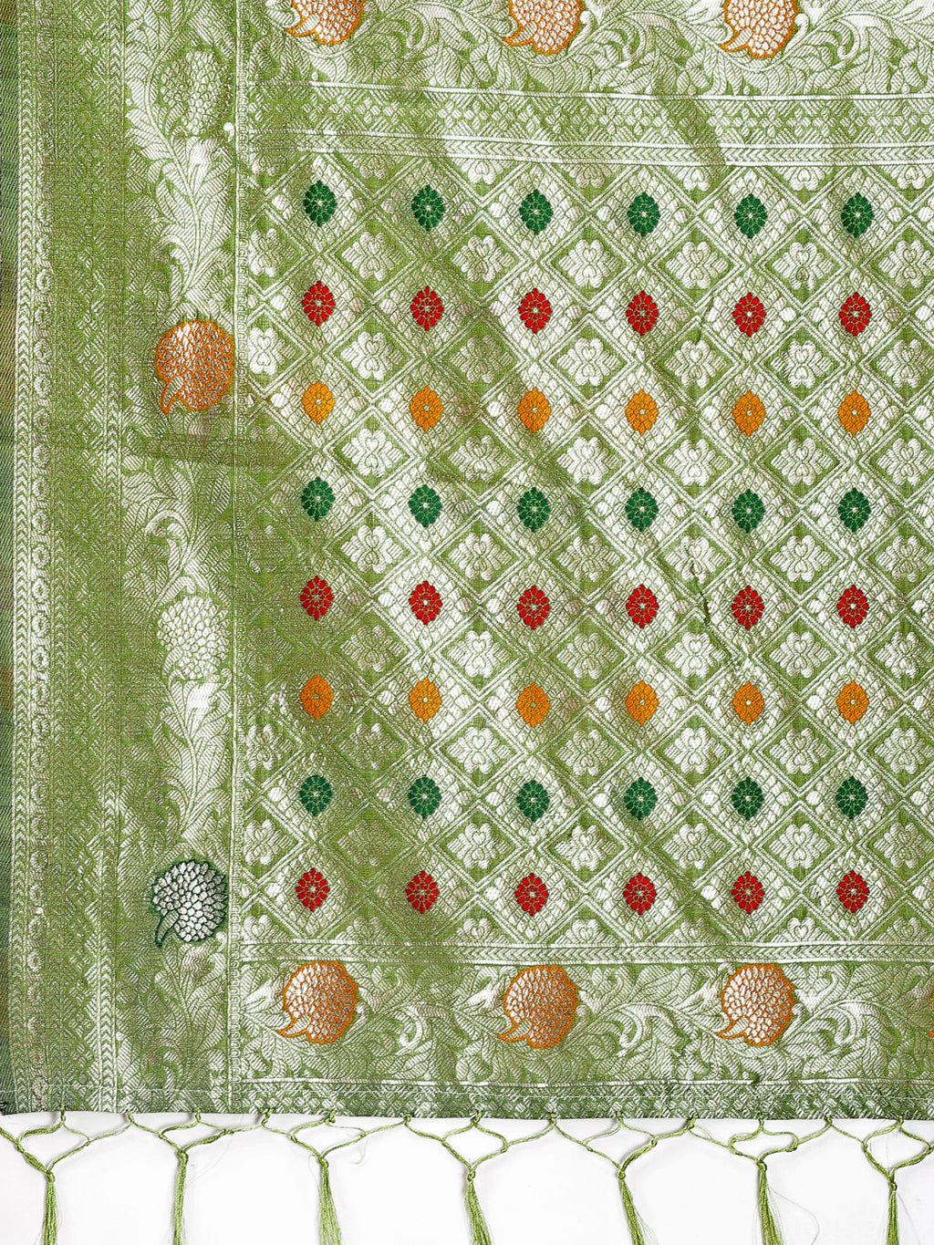 Shree Shyam Fashion Elegant Light Green Linen Cotton Saree with Zari Border & Woven Motifs - Perfect for Sophisticated Everyday & Festive Looks | Grocsy