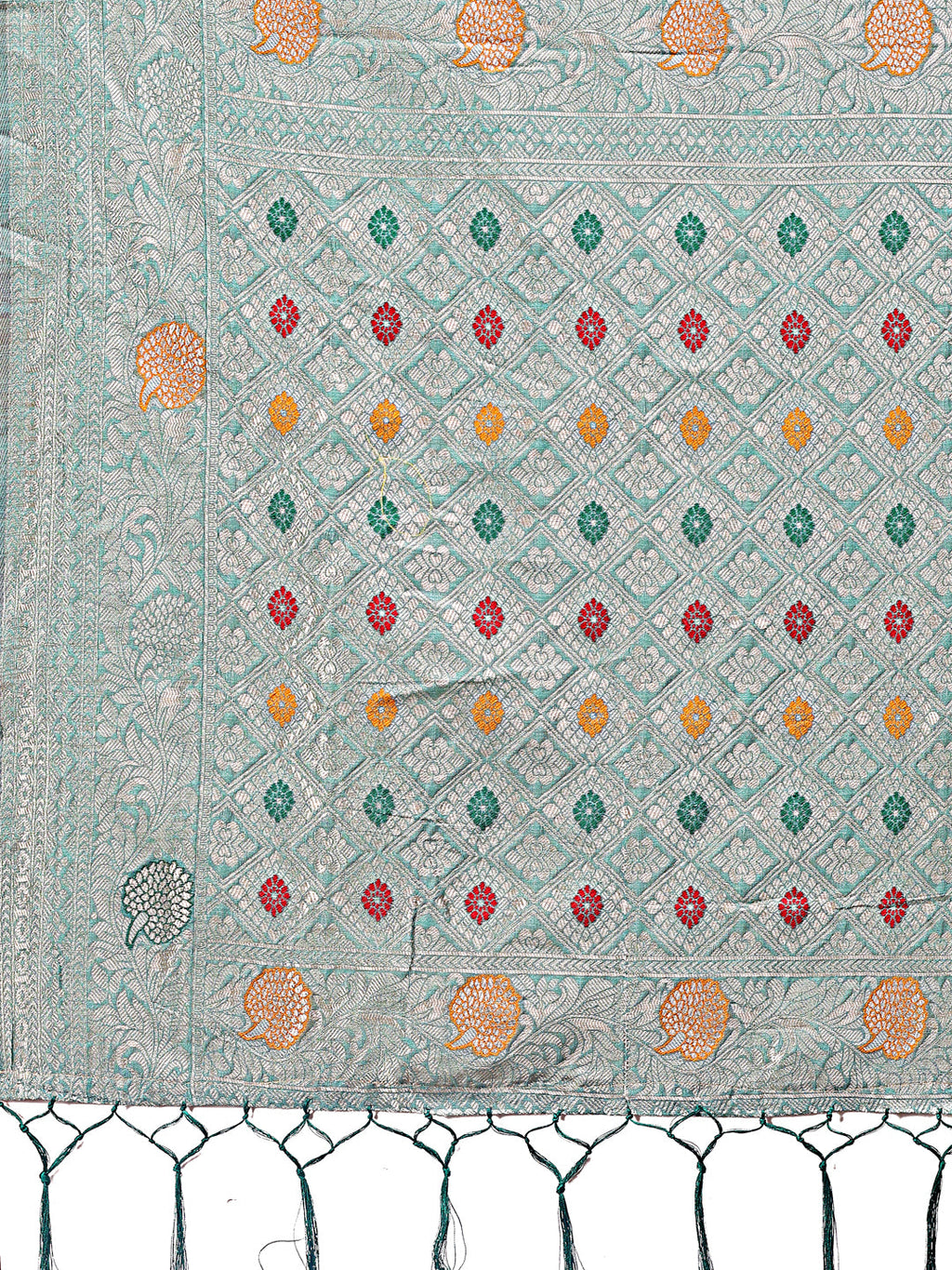 Shree Shyam Fashion Elegant Sea Green Linen Cotton Saree with Zari Border & Woven Motifs - Perfect for Sophisticated Everyday & Festive Looks | Grocsy