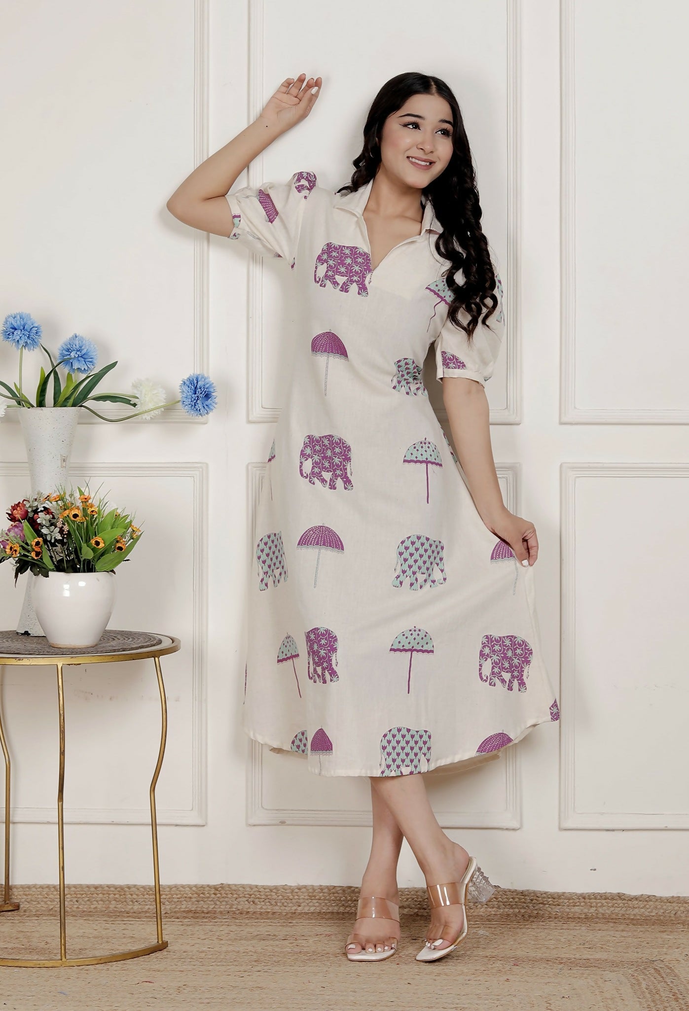 Miravan Womens Flex Cotton Short Sleeve Off White Animal Print A-Line Maxi Dress | Grocsy