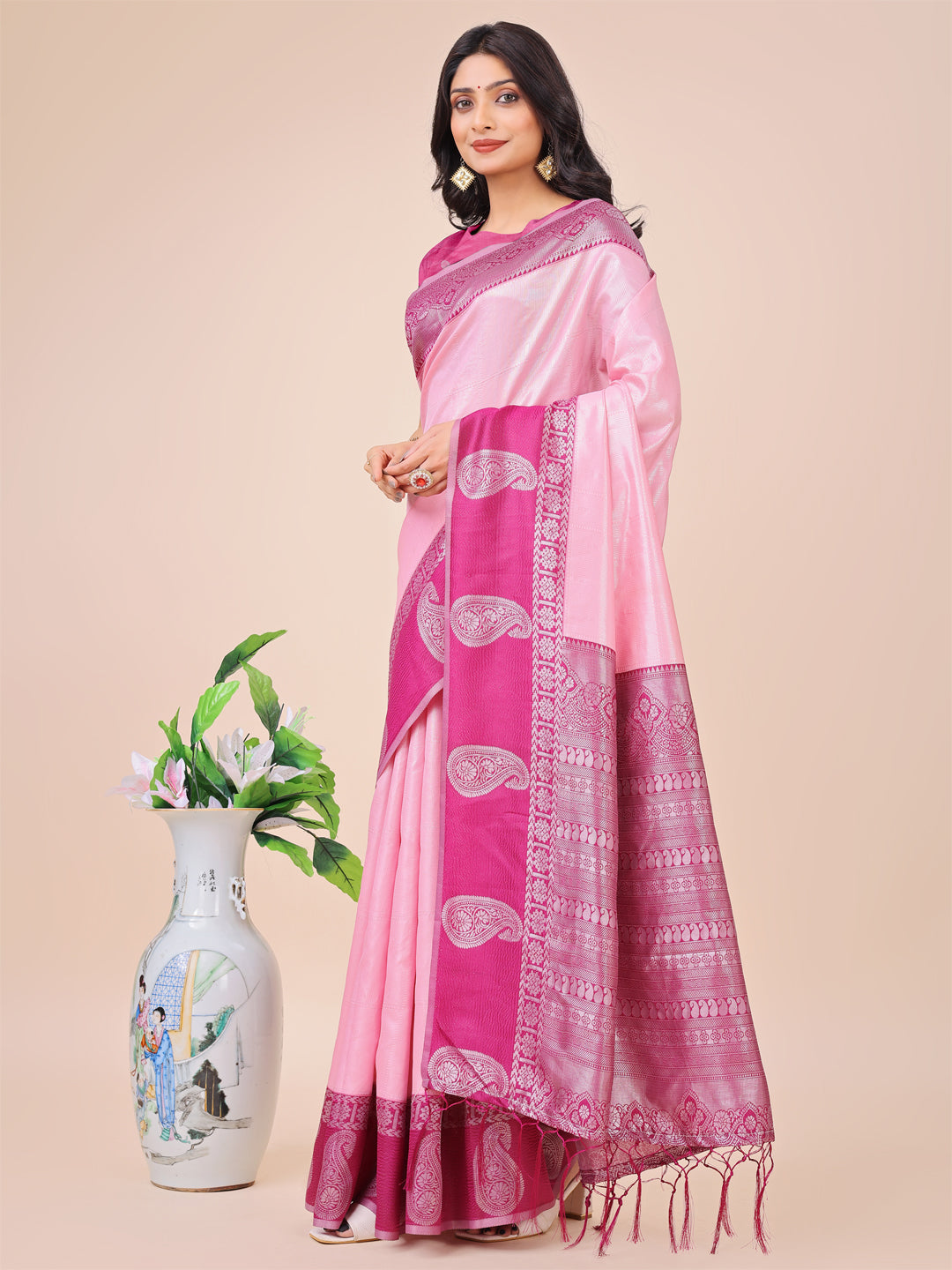 Shree Shyam Fashion Graceful Light & Dark Pink Silk Saree with Rich Woven Border & Paisley Pallu - Perfect for Festive & Wedding Wear | Grocsy
