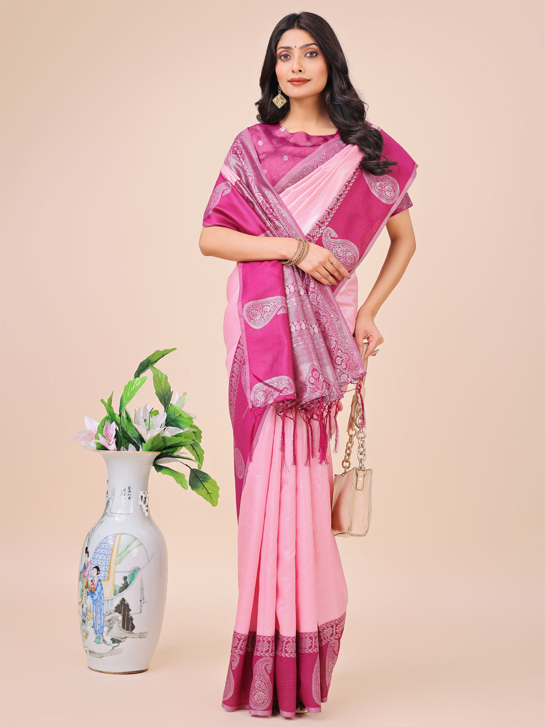 Shree Shyam Fashion Graceful Light & Dark Pink Silk Saree with Rich Woven Border & Paisley Pallu - Perfect for Festive & Wedding Wear | Grocsy