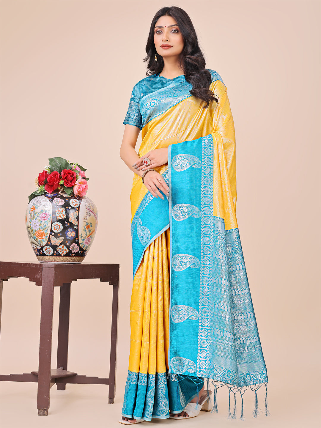 Shree Shyam Fashion Graceful Light & Dark Yellow Silk Saree with Rich Woven Border & Paisley Pallu - Perfect for Festive & Wedding Wear | Grocsy