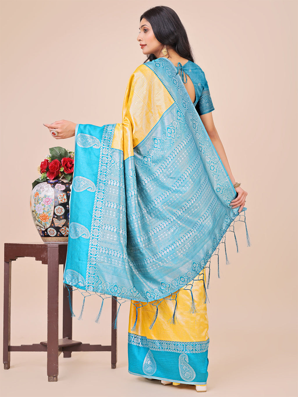 Shree Shyam Fashion Graceful Light & Dark Yellow Silk Saree with Rich Woven Border & Paisley Pallu - Perfect for Festive & Wedding Wear | Grocsy