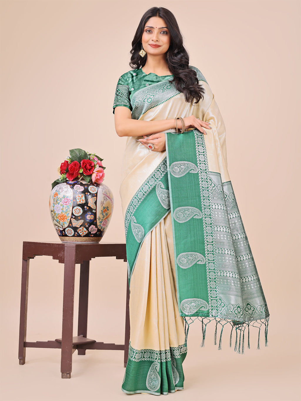 Shree Shyam Fashion Graceful Light & Dark Cream Silk Saree with Rich Woven Border & Paisley Pallu - Perfect for Festive & Wedding Wear | Grocsy