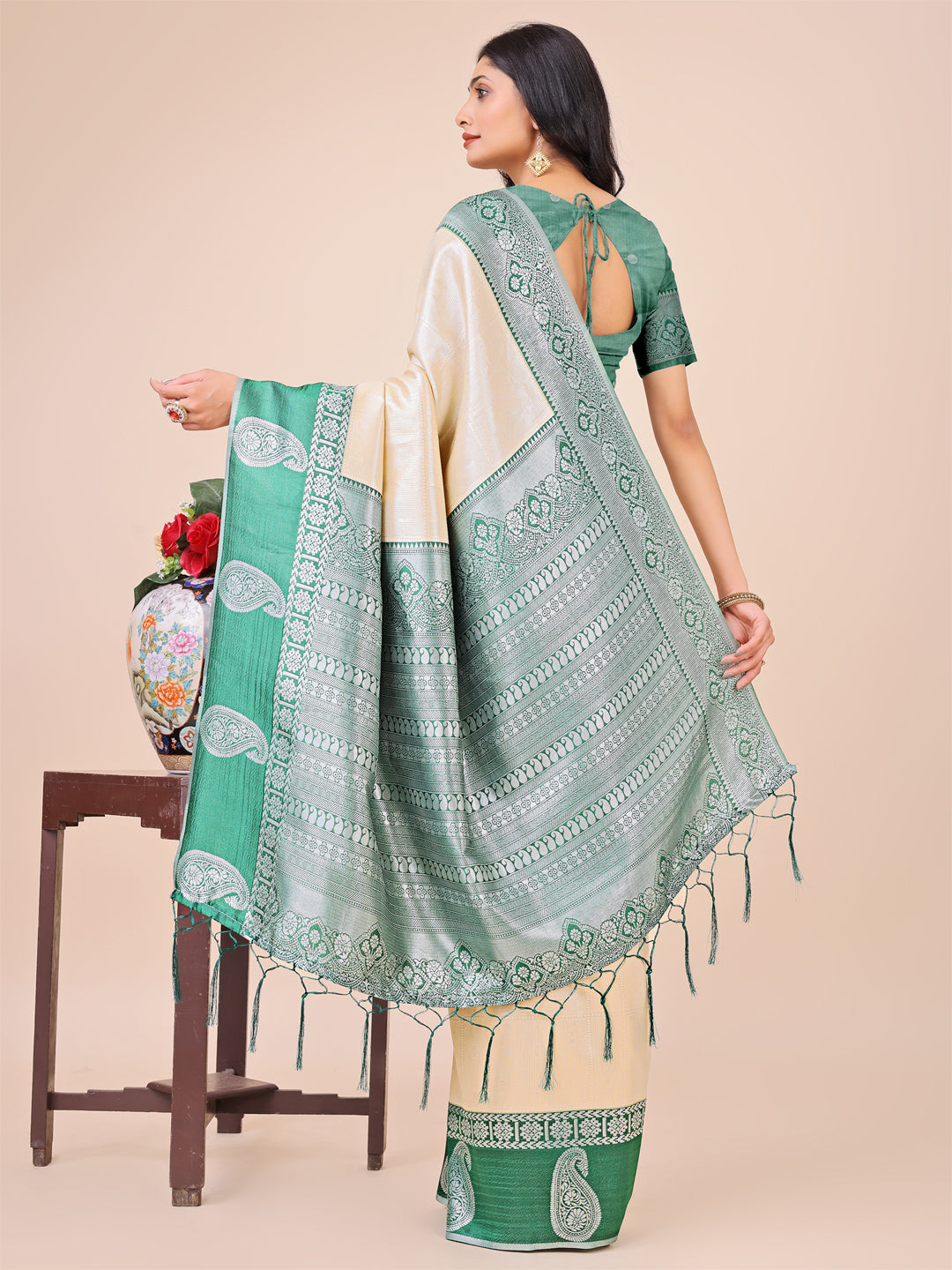 Shree Shyam Fashion Graceful Light & Dark Cream Silk Saree with Rich Woven Border & Paisley Pallu - Perfect for Festive & Wedding Wear | Grocsy