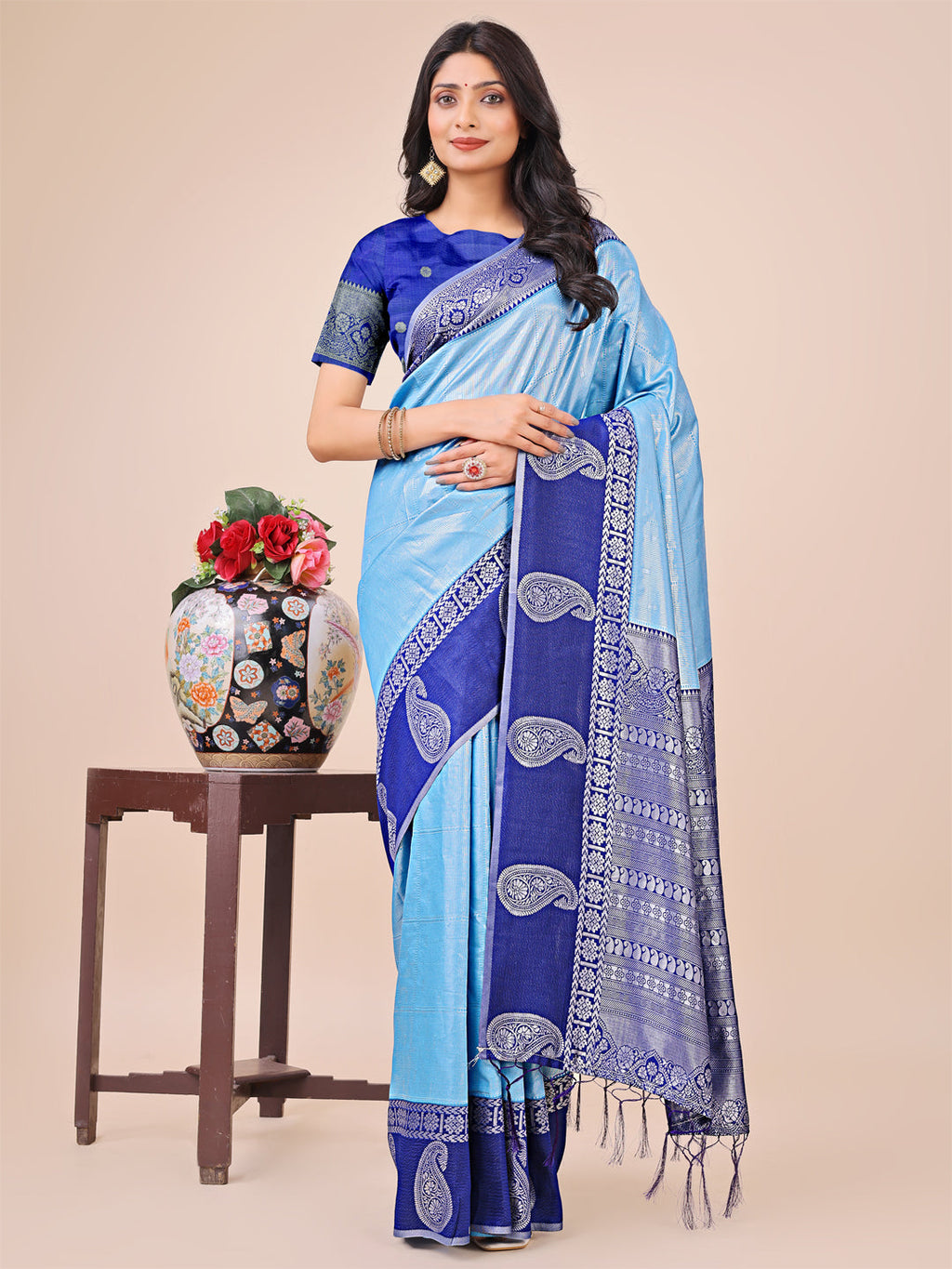 Shree Shyam Fashion Graceful Light & Dark Sky Blue Silk Saree with Rich Woven Border & Paisley Pallu - Perfect for Festive & Wedding Wear | Grocsy