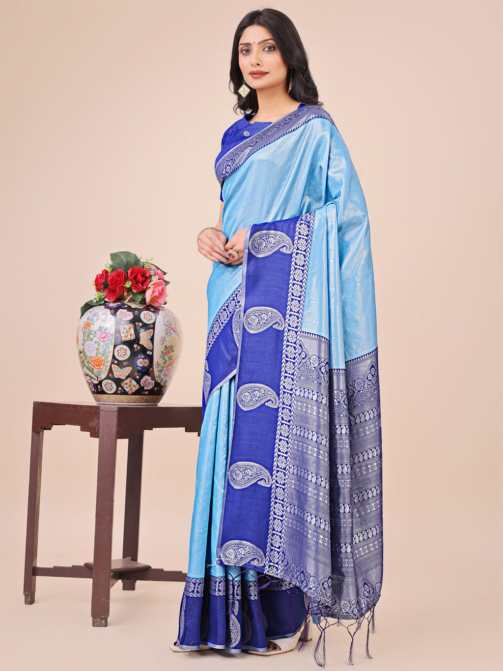 Shree Shyam Fashion Graceful Light & Dark Sky Blue Silk Saree with Rich Woven Border & Paisley Pallu - Perfect for Festive & Wedding Wear | Grocsy