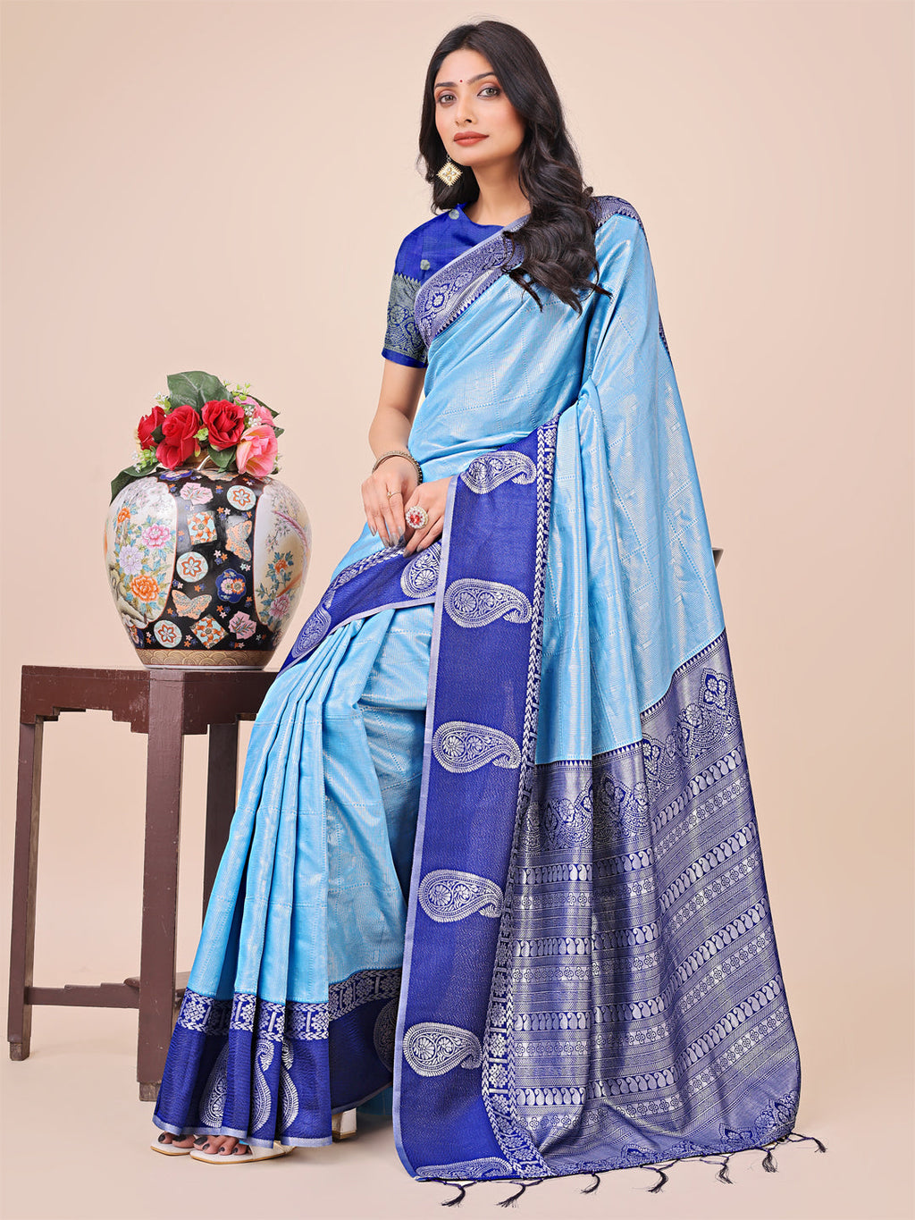Shree Shyam Fashion Graceful Light & Dark Sky Blue Silk Saree with Rich Woven Border & Paisley Pallu - Perfect for Festive & Wedding Wear | Grocsy