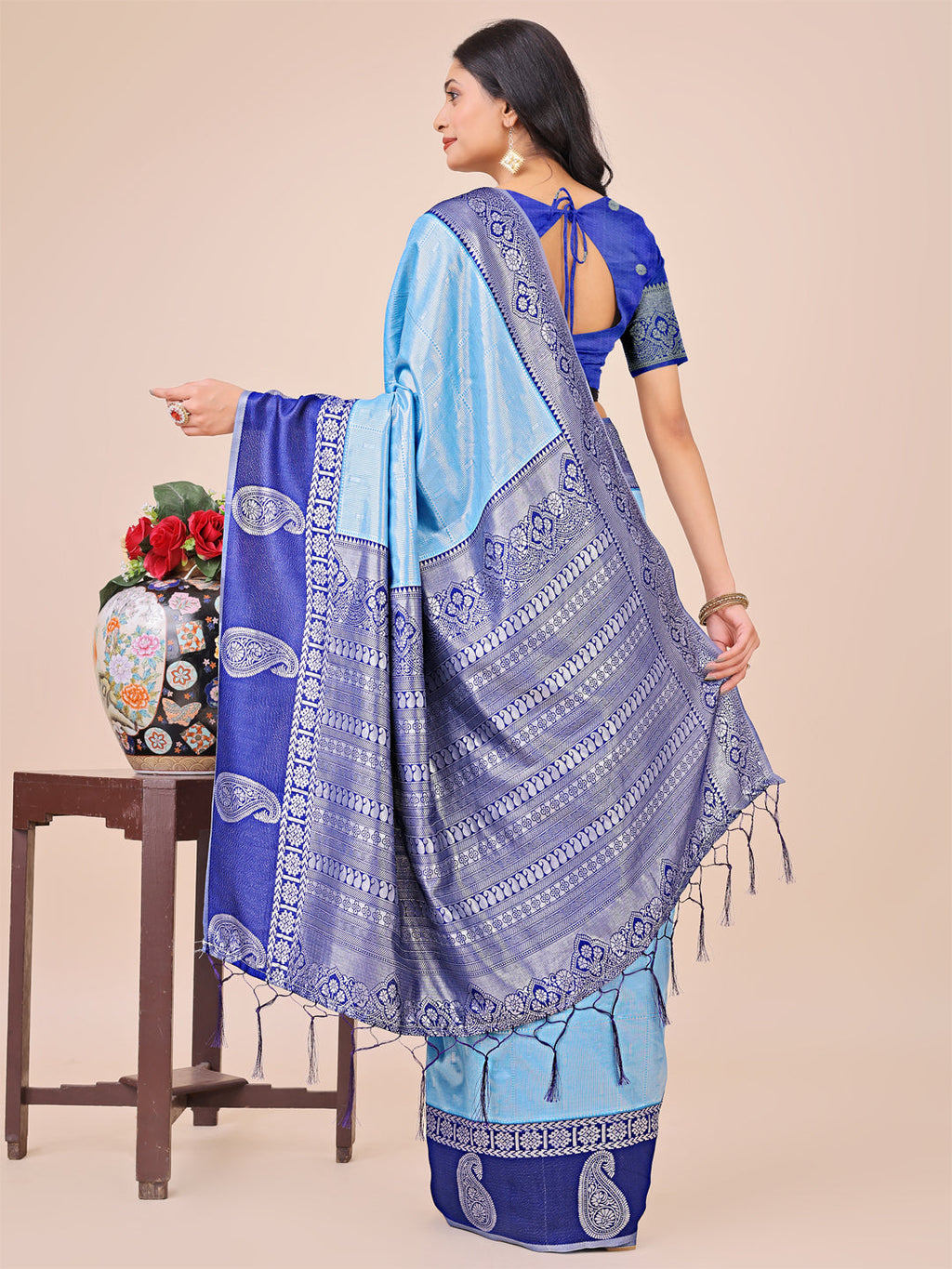 Shree Shyam Fashion Graceful Light & Dark Sky Blue Silk Saree with Rich Woven Border & Paisley Pallu - Perfect for Festive & Wedding Wear | Grocsy