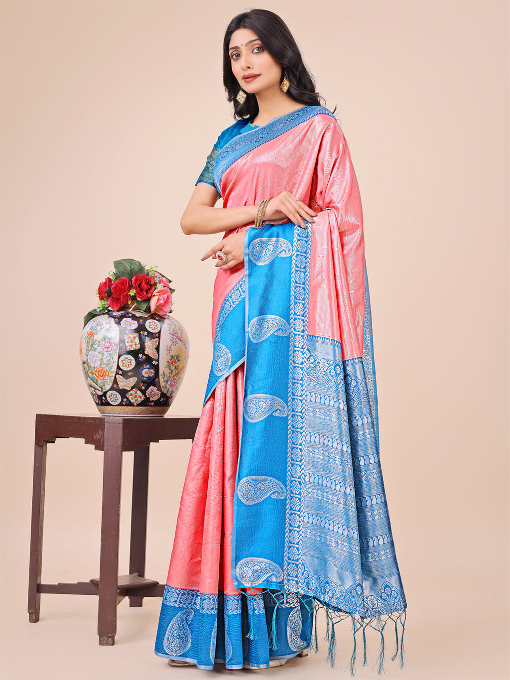Shree Shyam Fashion Graceful Light & Dark Peach Silk Saree with Rich Woven Border & Paisley Pallu - Perfect for Festive & Wedding Wear | Grocsy