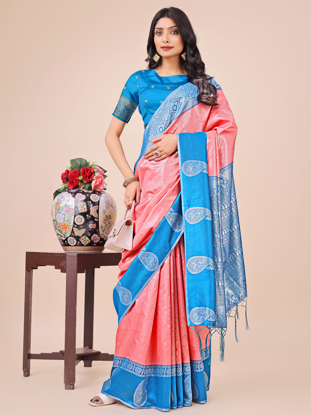 Shree Shyam Fashion Graceful Light & Dark Peach Silk Saree with Rich Woven Border & Paisley Pallu - Perfect for Festive & Wedding Wear | Grocsy