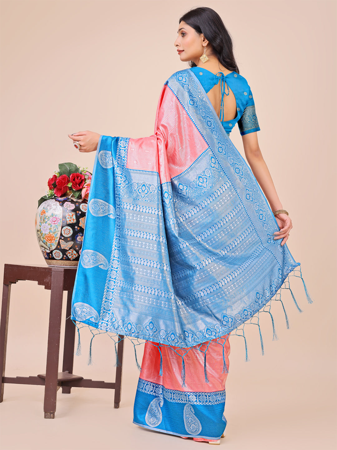 Shree Shyam Fashion Graceful Light & Dark Peach Silk Saree with Rich Woven Border & Paisley Pallu - Perfect for Festive & Wedding Wear | Grocsy
